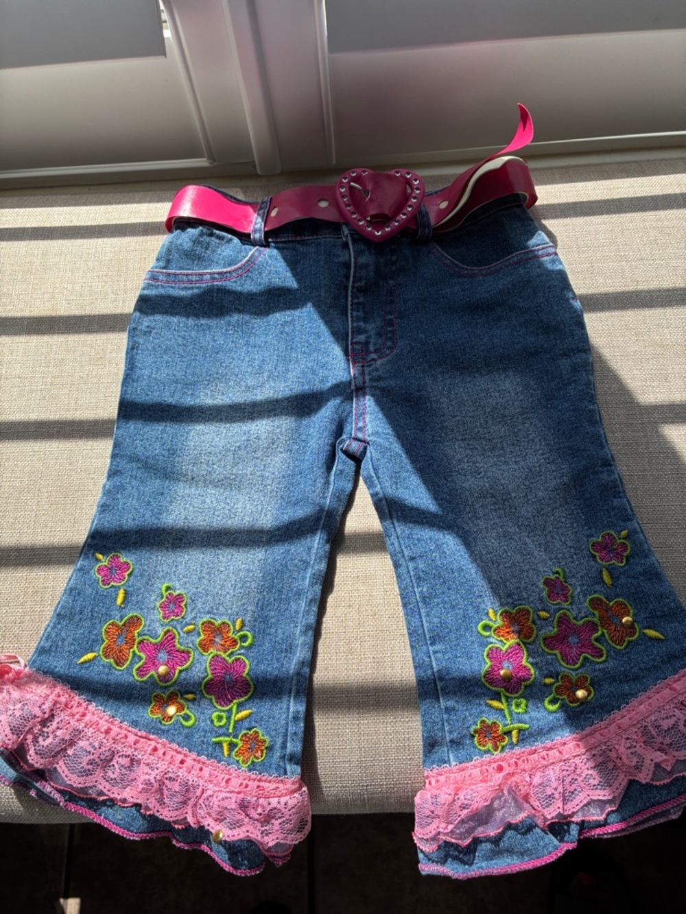Girls' vintage Embroidered Denim Jeans with Pink Lace Trim and Heart Belt